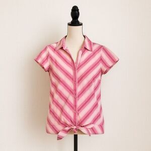 French Cuff Pink Striped Button-Up Blouse | Size M | Tie Front Collared Shirt